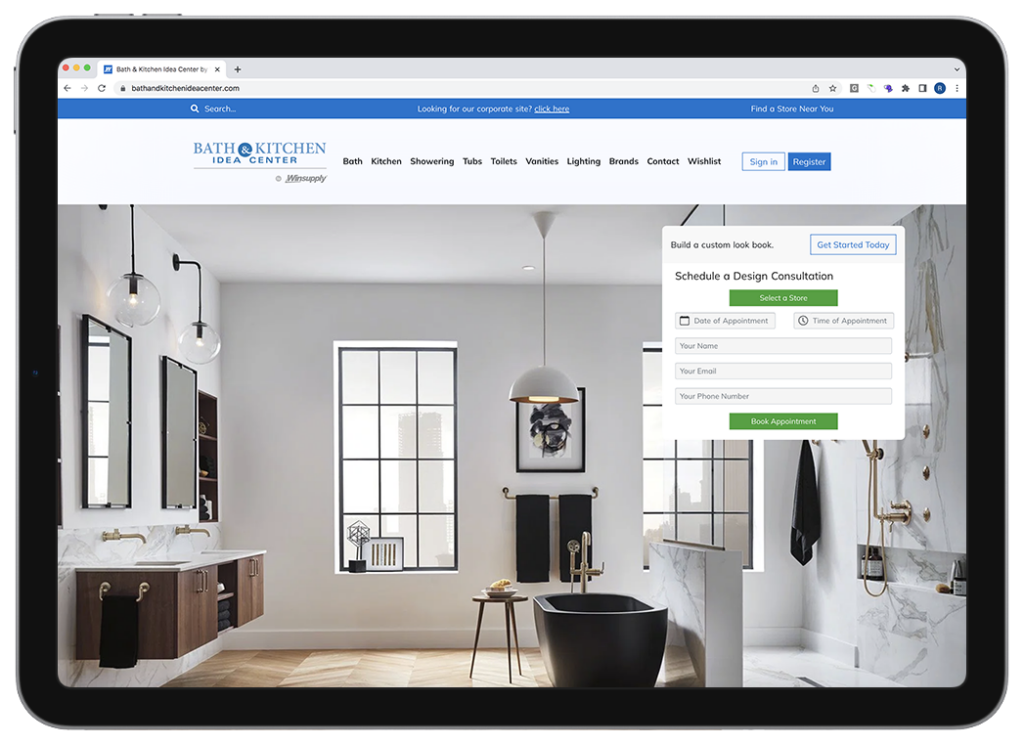 A tablet shows an interactive website labeled "Bath & Kitchen Idea Center by Winsupply", with categories for Bath, Kitchen, Showering, Tubs, Toilets, Vanities, Lighting, Brands, Contact, and Wishlist. A form labeled "Schedule a Design Consultation" is superimposed over a beautiful modern bathroom with white marble counters and elegant black accents.