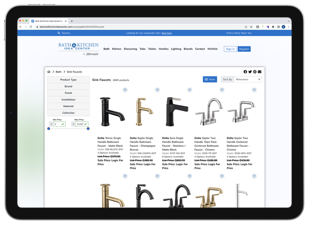 A tablet shows a shop page for "Bath & Kitchen Idea Center by Winsupply" with a variety of faucets in gold, black, and silver finishes. The page layout includes category, filter, and sorting options, a price slider, and the ability to favorite products.