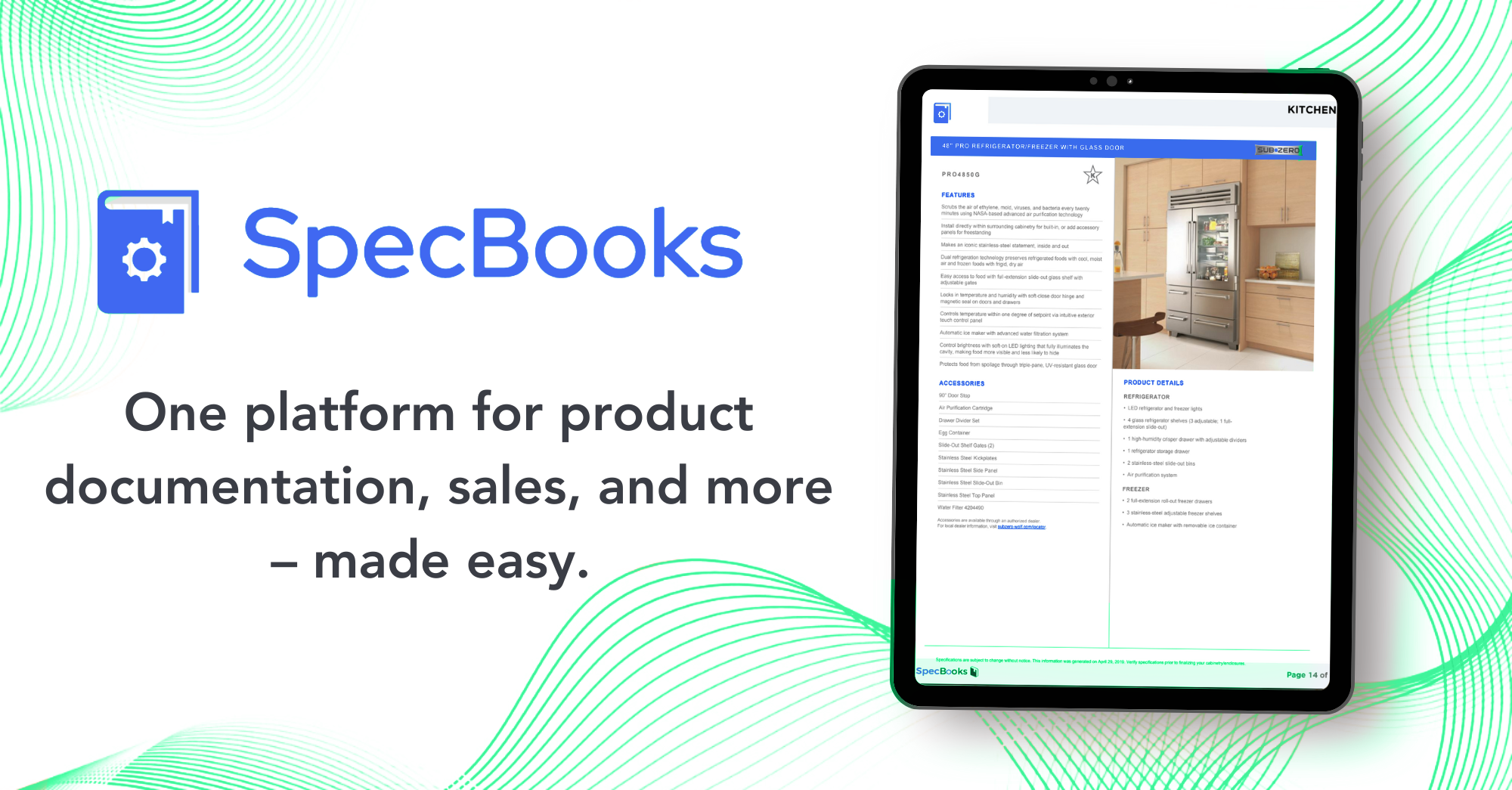 A tablet displays product data from SpecBooks for a refrigerator/freezer with glass door, overlaid on abstract orange waves. The text beside the tablet reads "SpecBooks: One platform for product documentation, sales, and more — made easy."