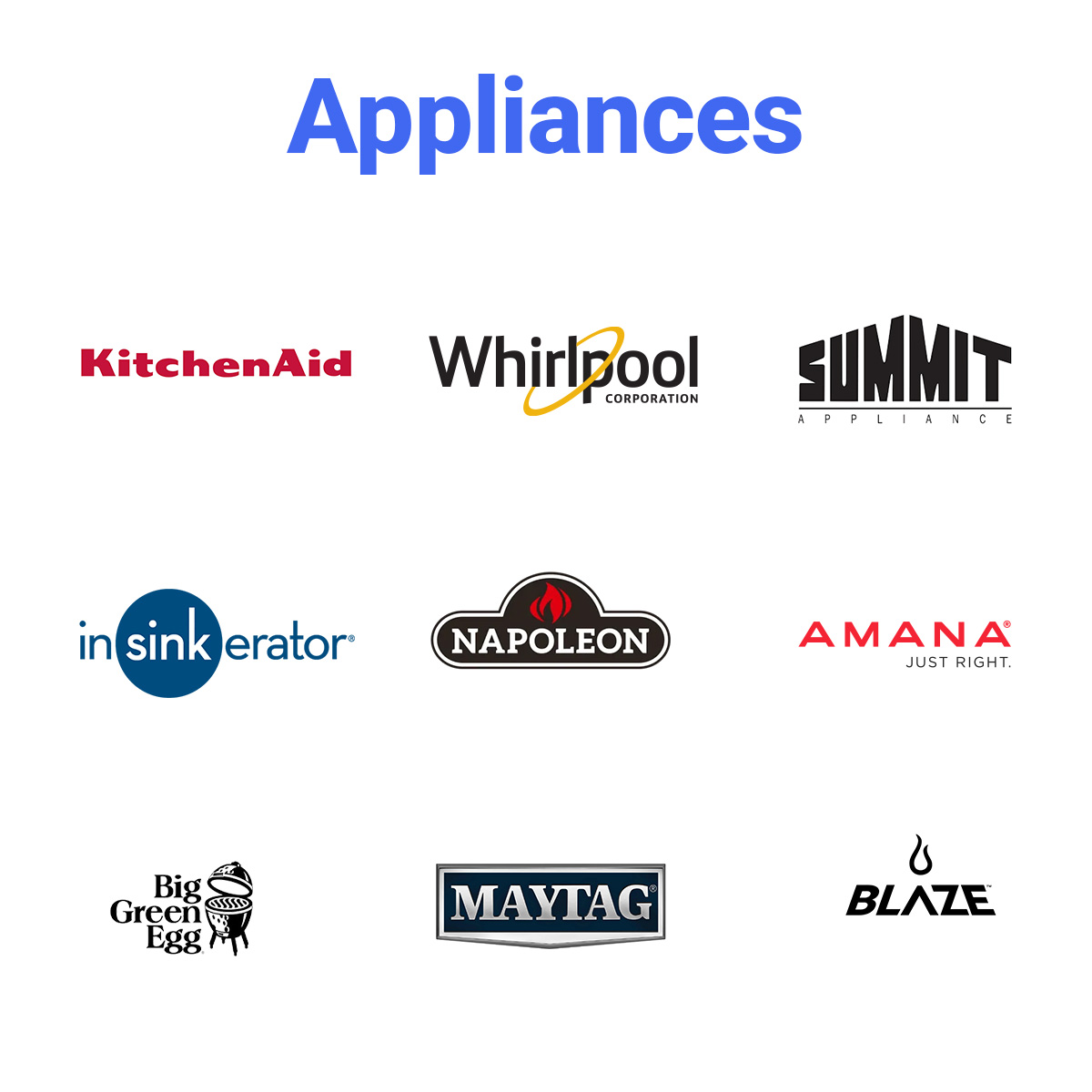 SpecBooks Pro appliance brand logos: KitchenAid, Whirlpool, Summit, InSinkErator, Napoleon, Amana, Big Green Egg, Maytag, Blaze – access top products, trade pricing, and real-time sourcing for builders and contractors.