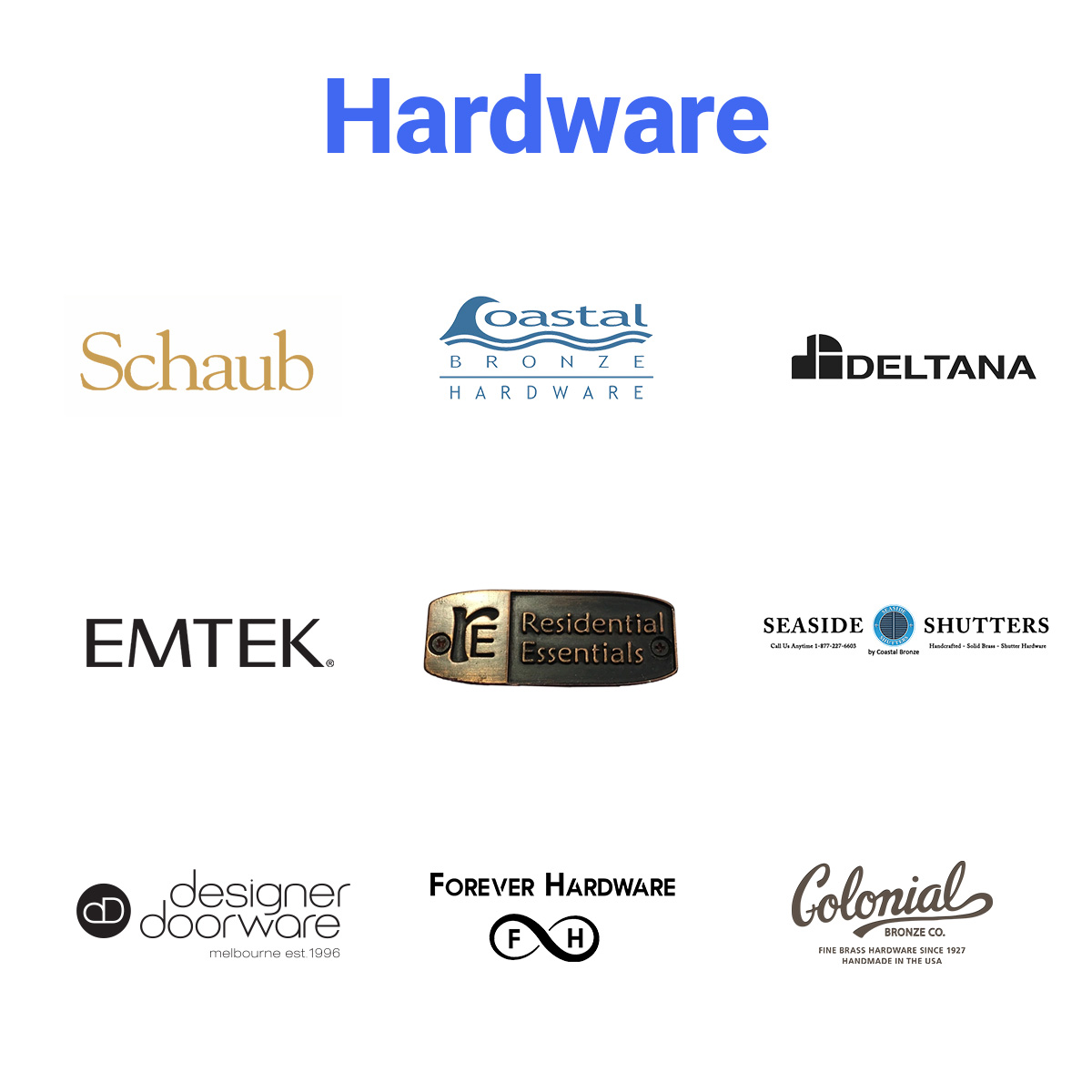 SpecBooks Pro hardware brand logos: Schaub, Coastal Bronze, Deltana, Emtek, Residential Essentials, Seaside Shutters, Designer Doorware, Forever Hardware, Colonial Bronze – top hardware with trade pricing and real-time sourcing for builders.